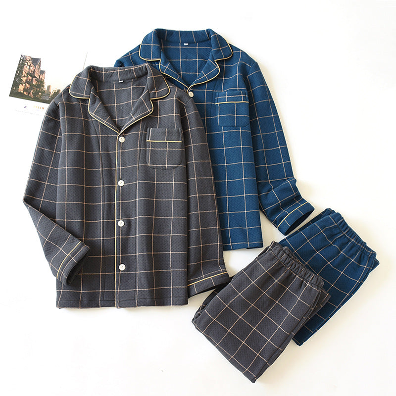 Men’s Quilted Pajamas Set Winter Warm Plaid Home Wear