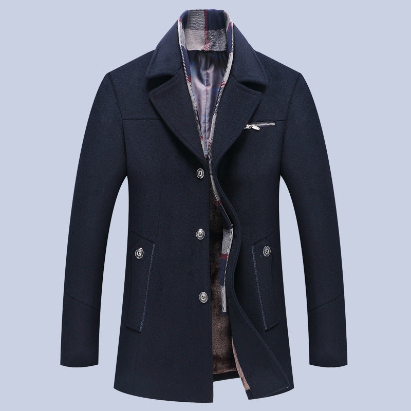 Men’s Mid-Length Wool Coat – Lapel Scarf Collar Double-Sided
