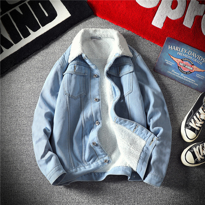 Japanese Vintage Men's Denim Jacket Fleece-Lined Winter Coat