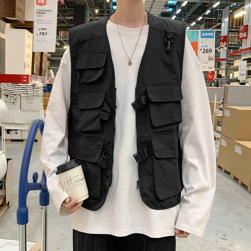 Men’s Hip-Hop Work Vest – Korean Style Functional Sleeveless Jacket