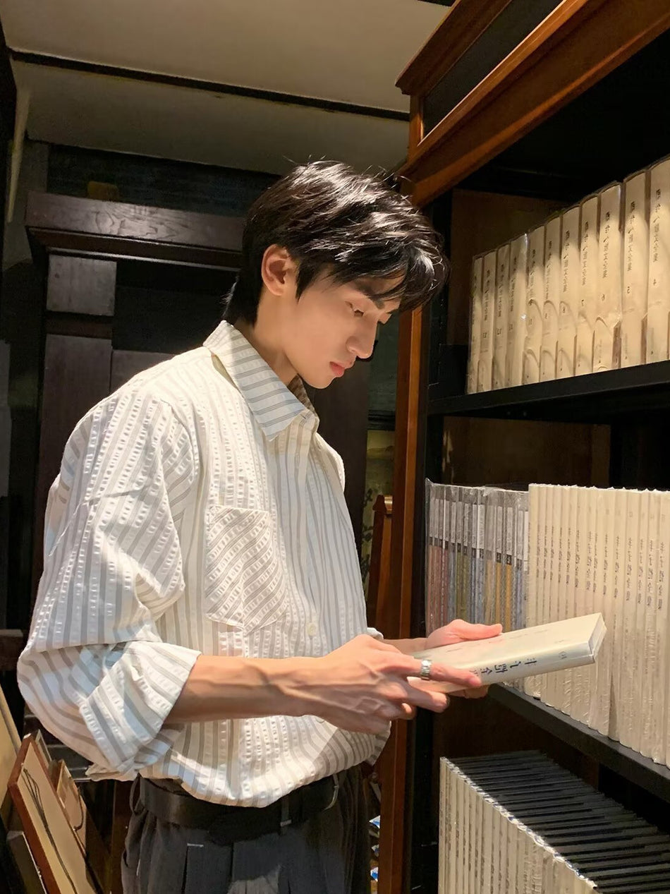 Seersucker Striped Loose Long Sleeve Shirt