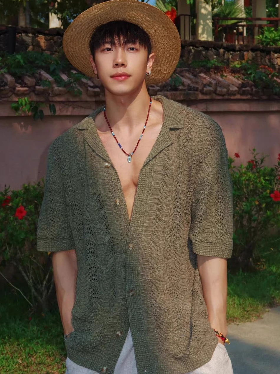 Green Hollow Knit Cuban Collar Shirt
