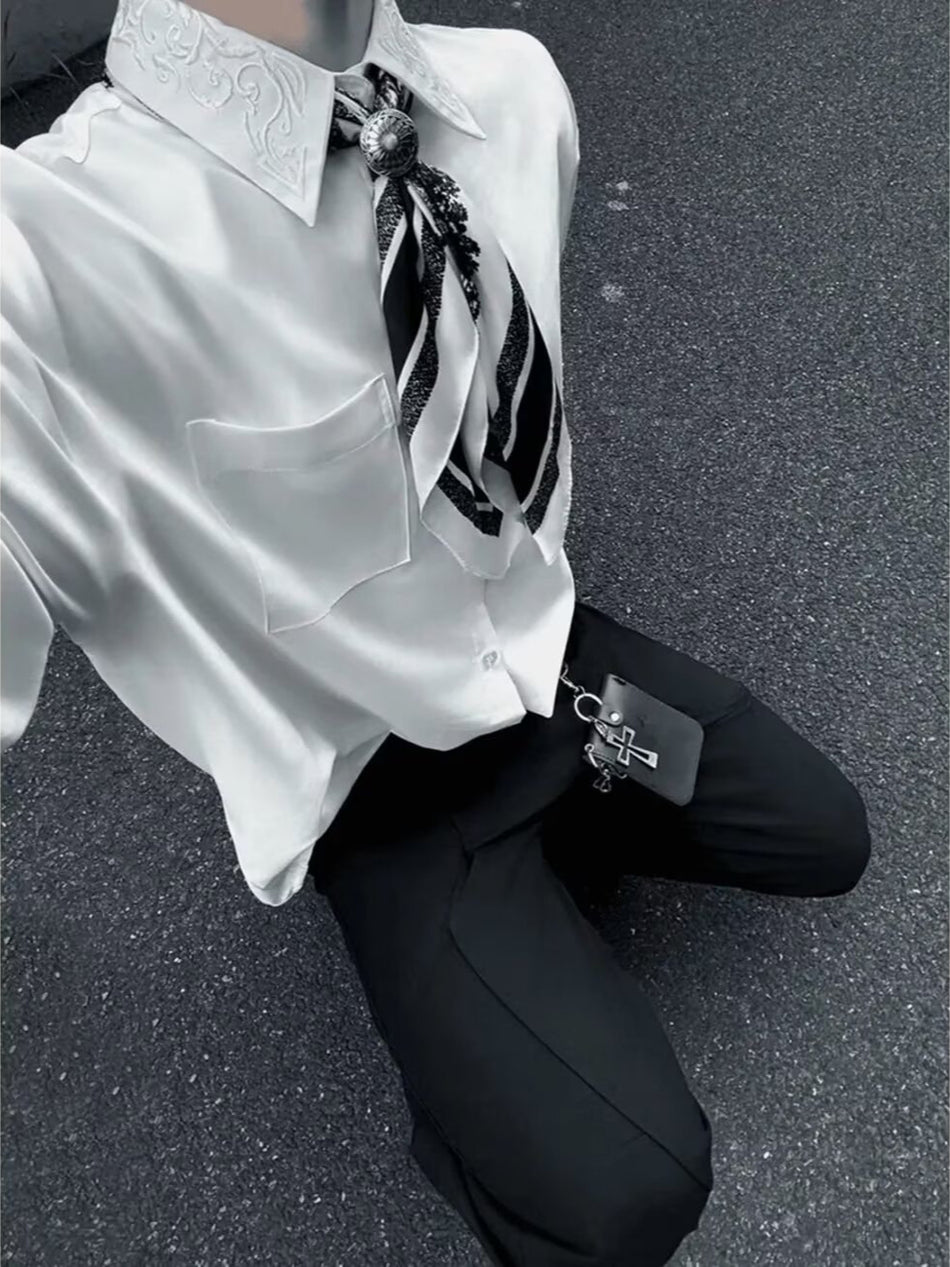 White Embroidered Retro Lapel Long Sleeve Shirt