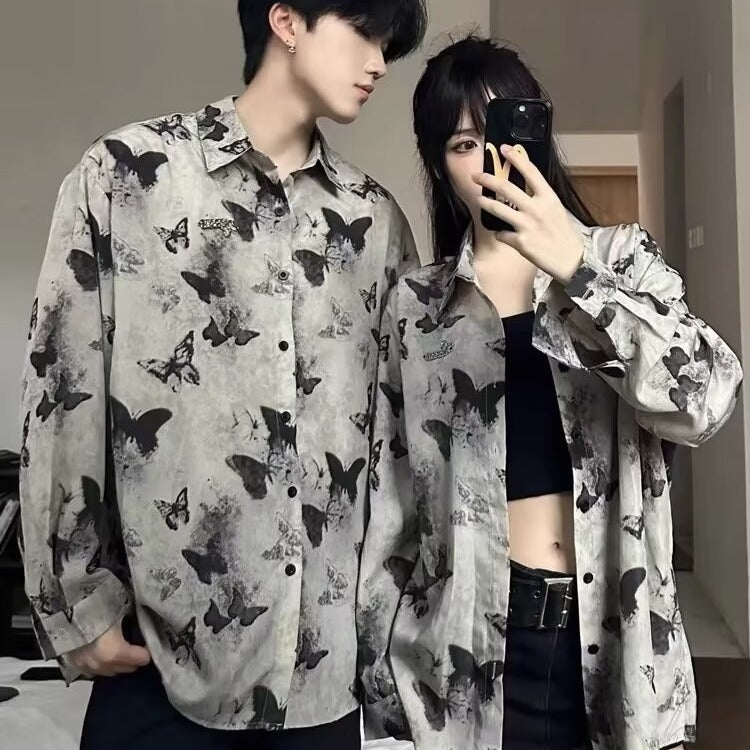 Retro Butterfly Print Loose Long Sleeve Shirt