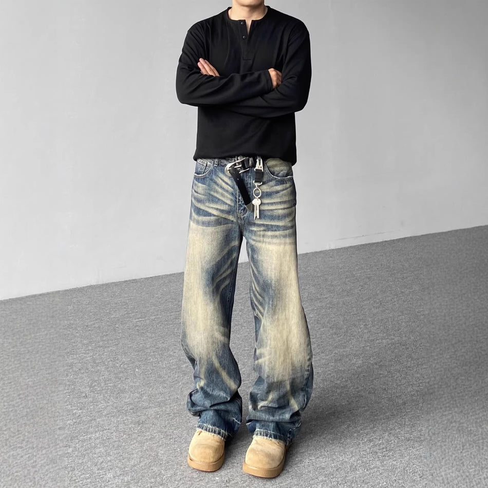 Unisex Washed Gradient Wide-Leg Casual Jeans