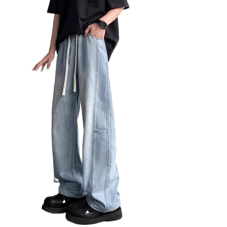 Unisex Washed Drawstring Wide-Leg Jeans