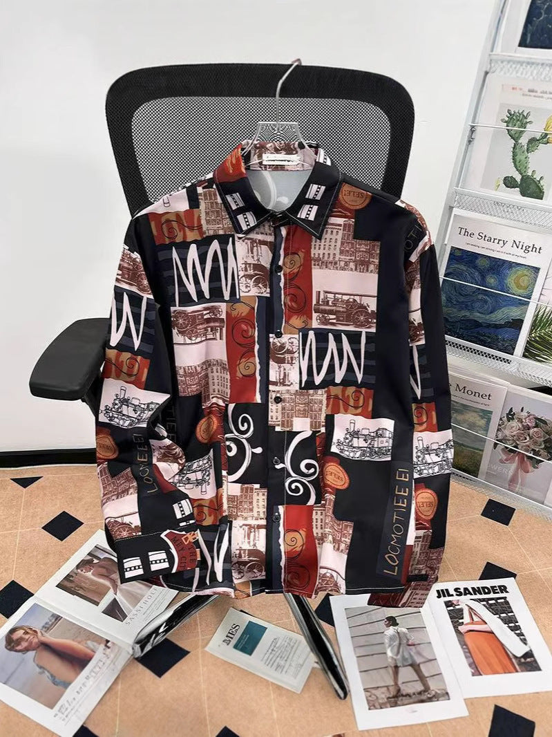 Vintage Printed Retro Hong Kong Style Slim Shirt