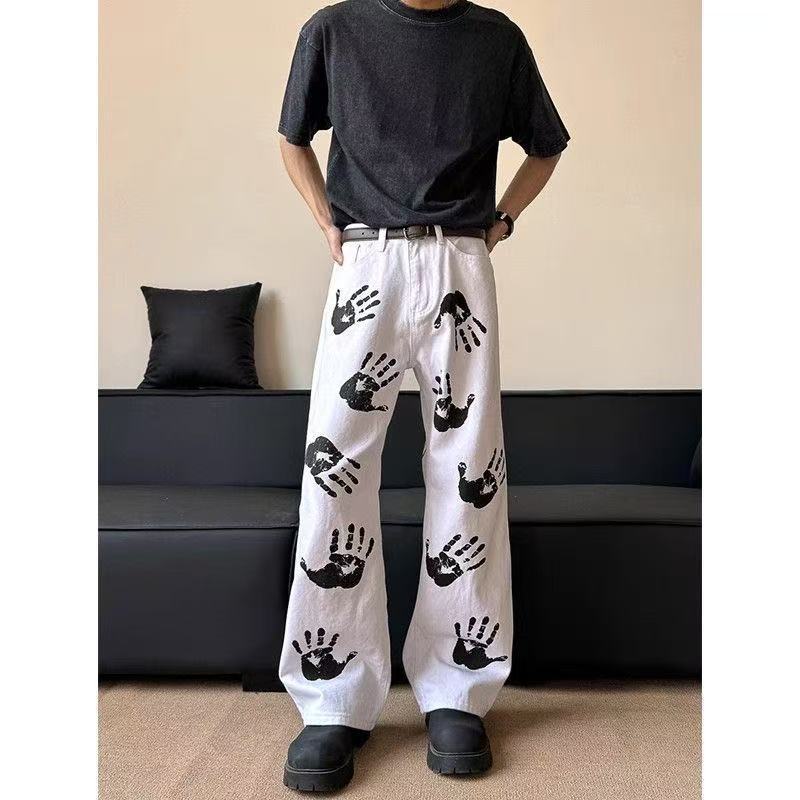 Unisex Palm Print Flared Jeans – Hip-Hop Streetwear Pants