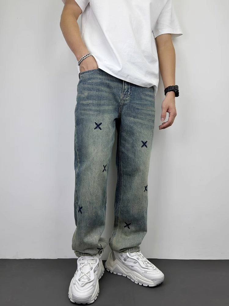 Vintage Embroidered Wide-Leg Men’s Casual Jeans