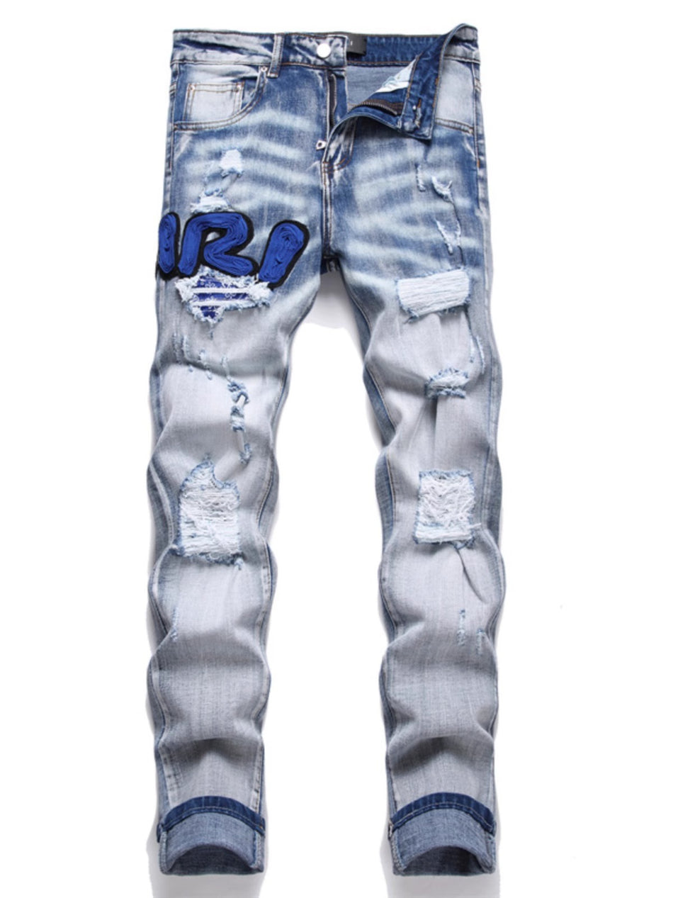 Retro Embroidered Ripped Men’s Straight Jeans