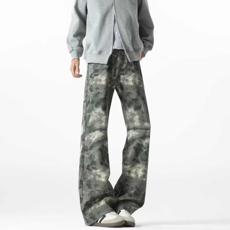 Retro Camouflage Washed Straight Men’s Jeans Pants