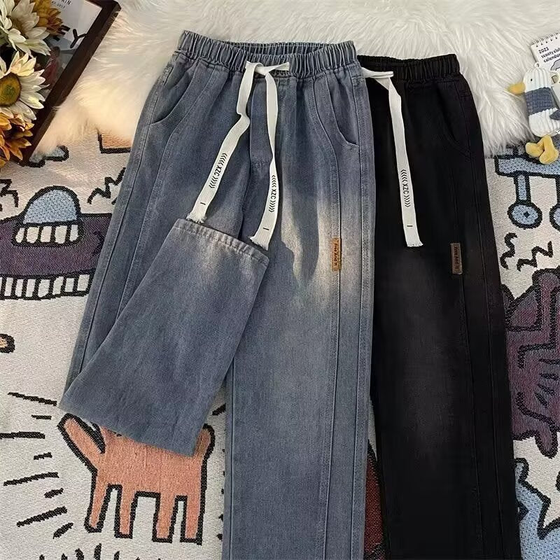 American Distressed Drawstring Elastic Waist Jeans Unisex
