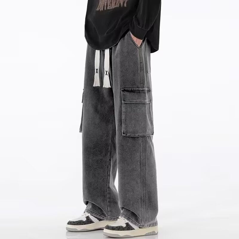 Black Cargo Elastic Waist Men’s Loose Casual Jeans