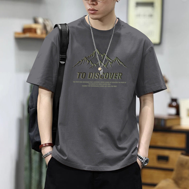 Pure Cotton Loose Fit Geometric Print T-Shirt Men 6306 Crew Neck