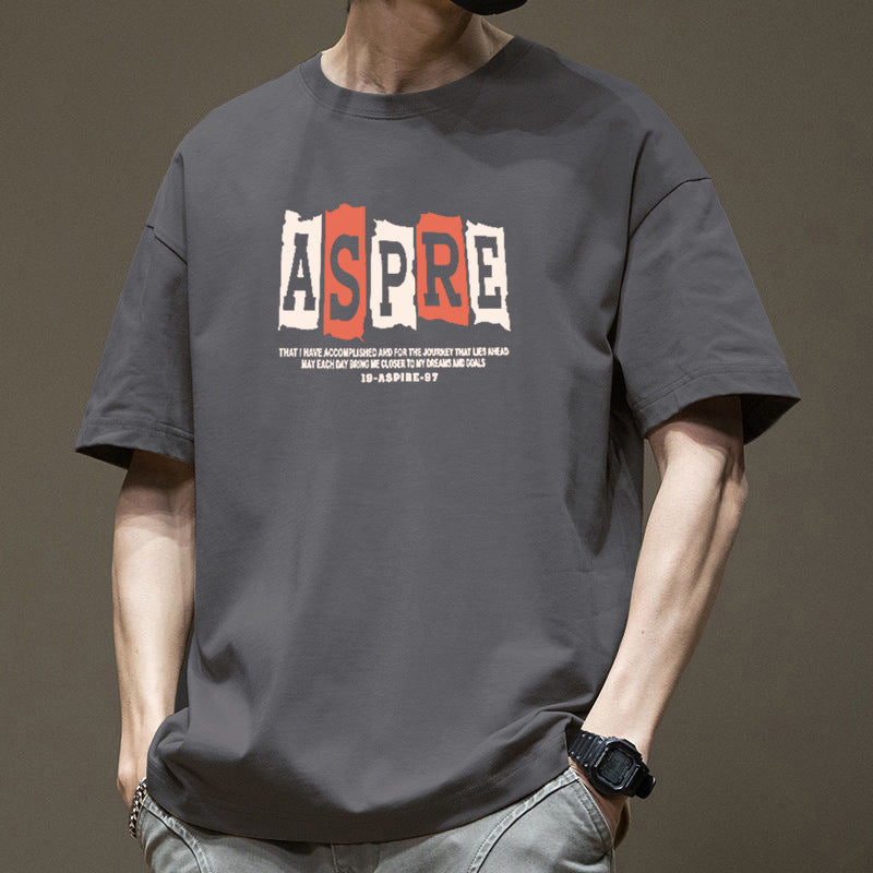 Pure Cotton Loose Fit Letter Print T-Shirt Men 9297 Round Neck