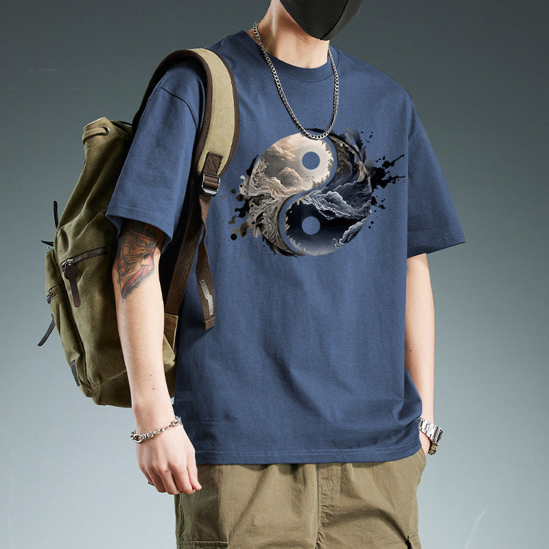 Pure Cotton Loose Fit Cartoon Print T-Shirt Men 6026 Summer Tee
