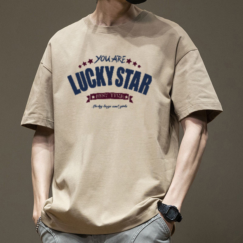 Pure Cotton Loose Fit Letter Print T-Shirt Men 9261 Summer Tee