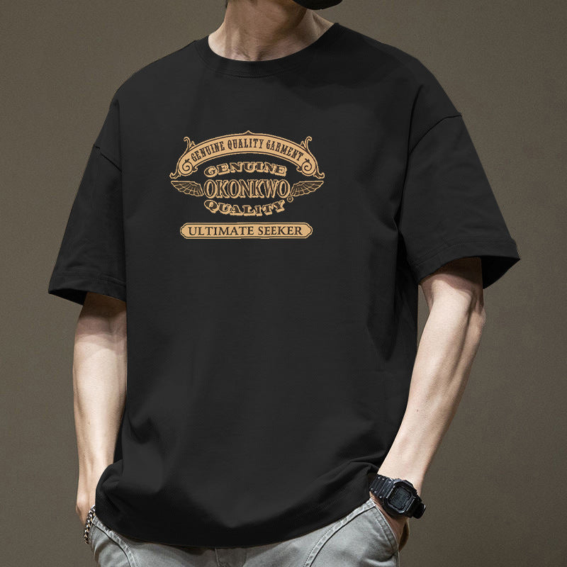 Pure Cotton Loose Fit Letter Print T-Shirt Men 9253 Crew Neck Tee