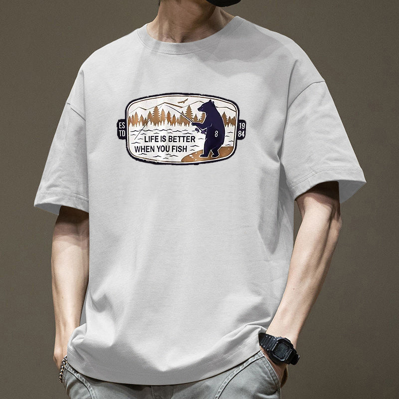Pure Cotton Loose Fit Japanese Style Round Neck T-Shirt Men