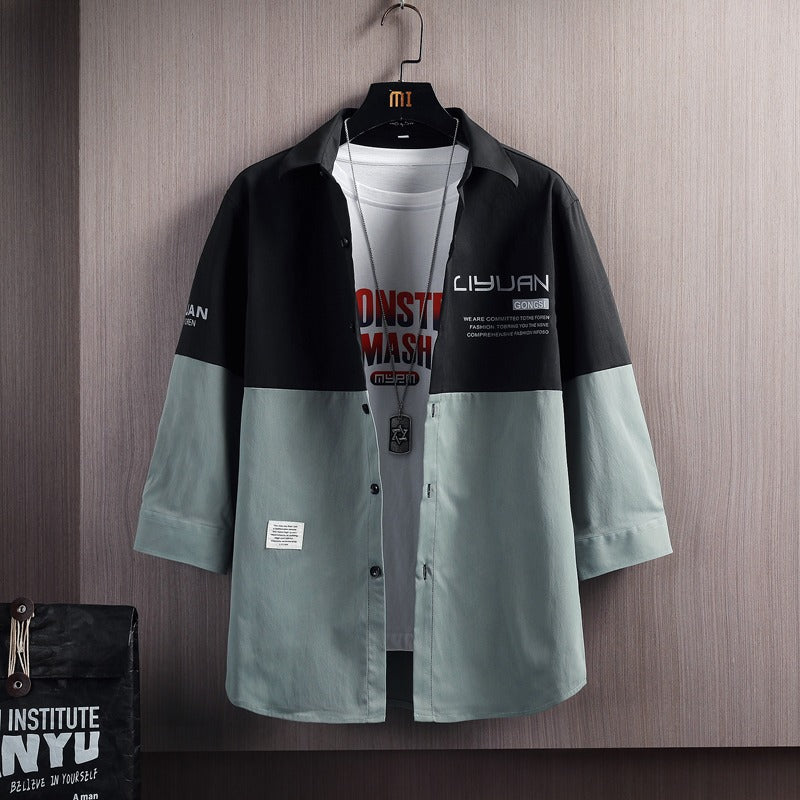 Color Block Thin 3/4 Sleeve Shirt Men Quick Dry Casual Summer