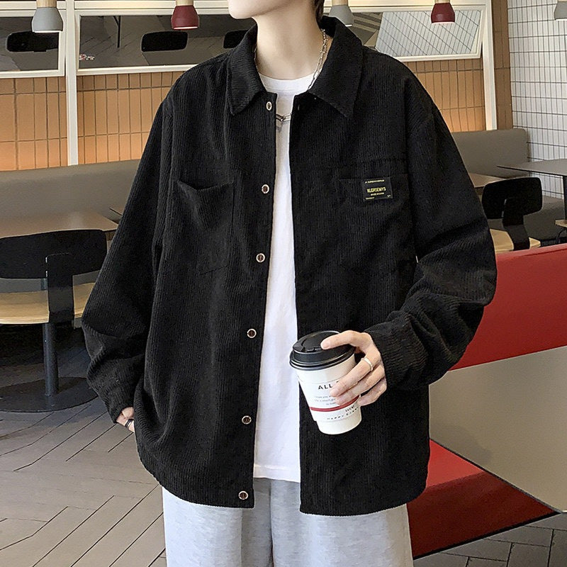 Corduroy Loose Fit Shirt Jacket Men Lapel Casual Long Sleeve