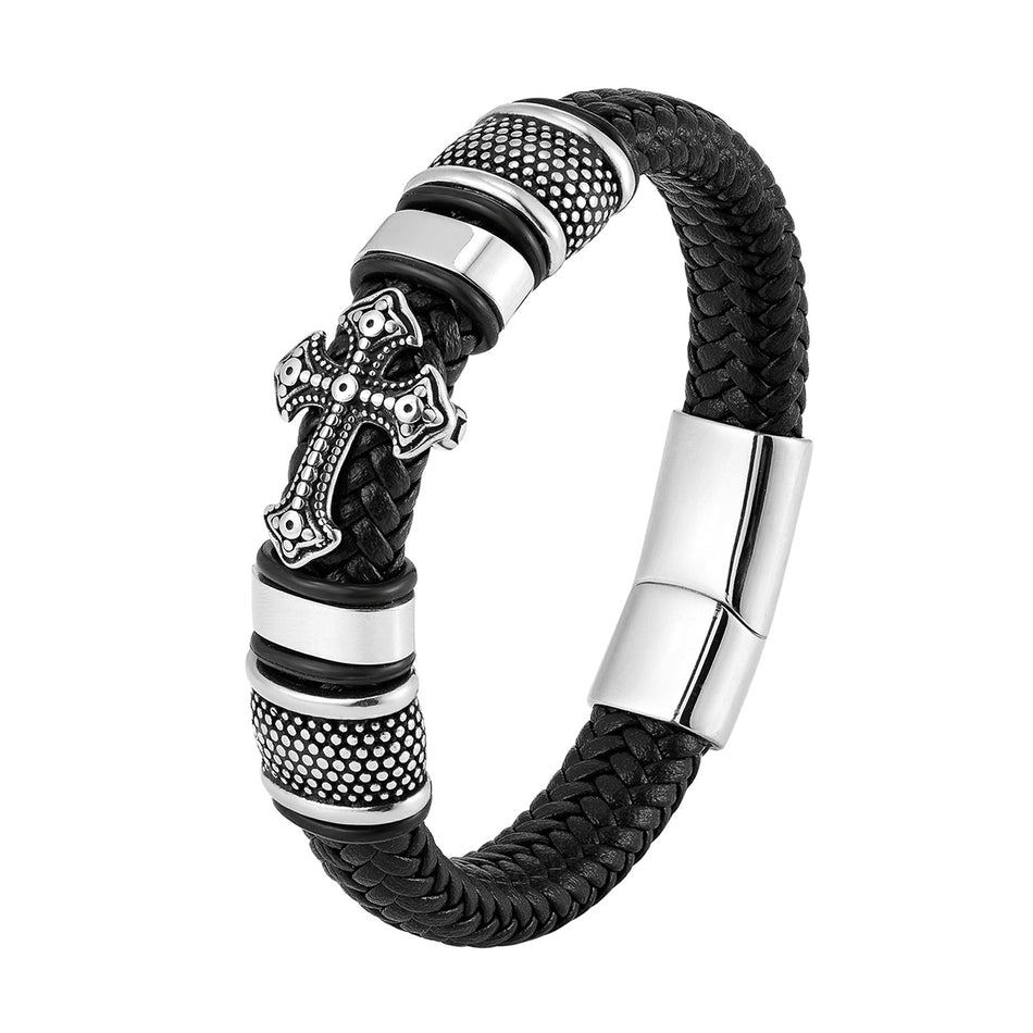 : Men's Premium Vintage Cross Woven Leather & Stainless Steel Bracelet (Style L19171)