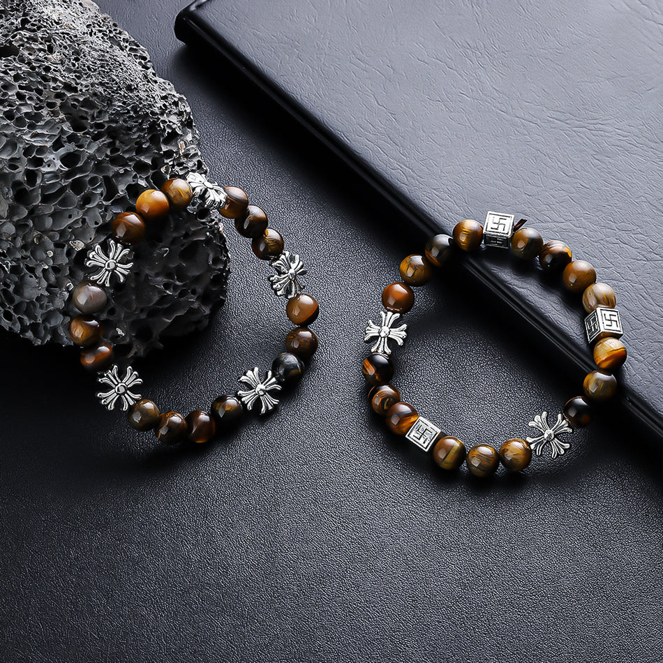 Unisex Premium Tiger's Eye Stone Cross Punk Statement Bracelet