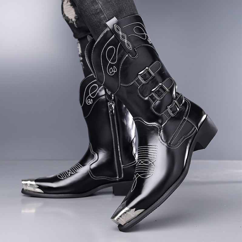 Vintage Embroidered Western Cowboy Boots Pointed Toe Chunky Heel Knee High Boots