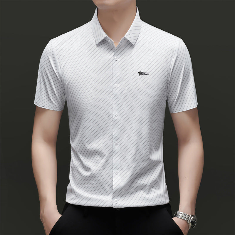 Seamless Striped Ice Silk Short Sleeve Shirt for Men with Stretch Fit