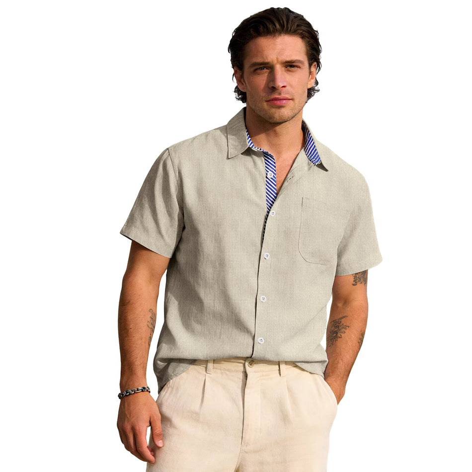 Cotton Linen Stripe Short Sleeve Shirt Men Casual Pocket Lapel Top