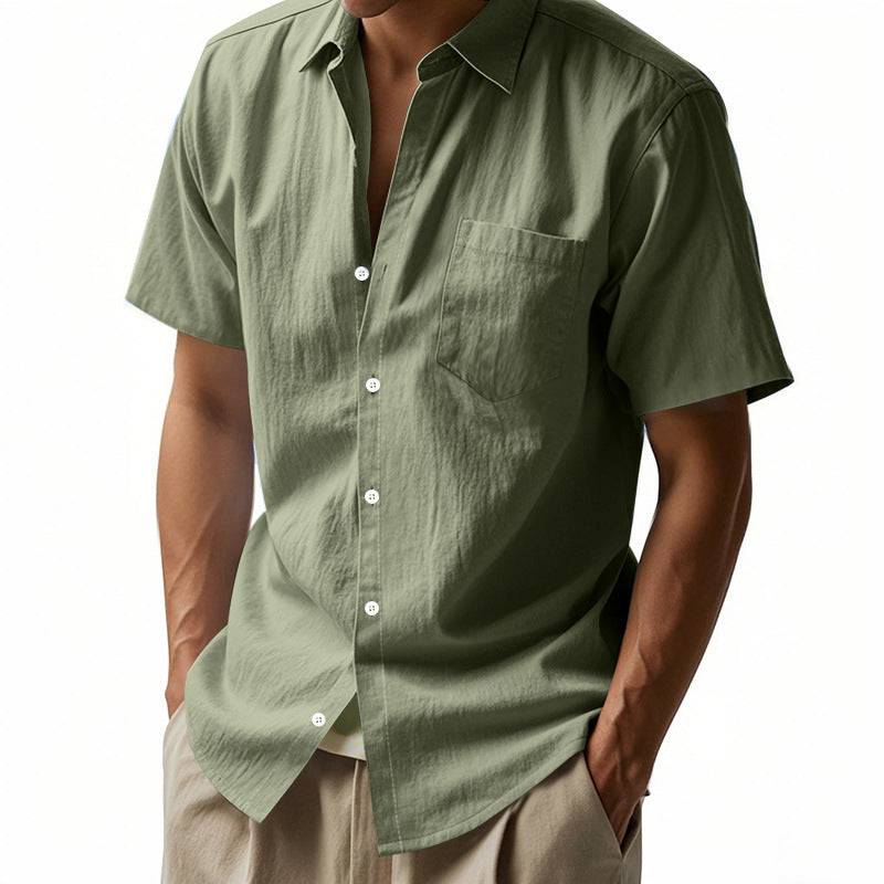 95% Linen Short Sleeve Shirt Men Loose Casual Summer Top