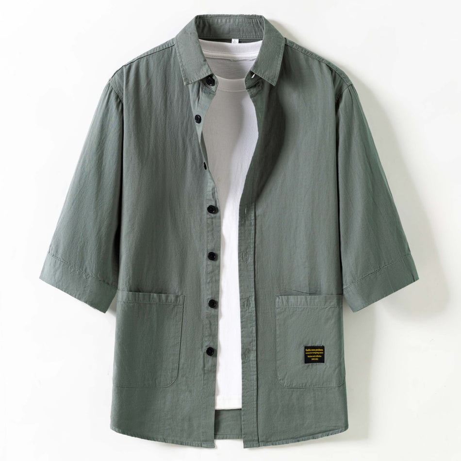 Pure Cotton Seven-Point Sleeve Shirt Men Casual Hong Kong Style Loose Top