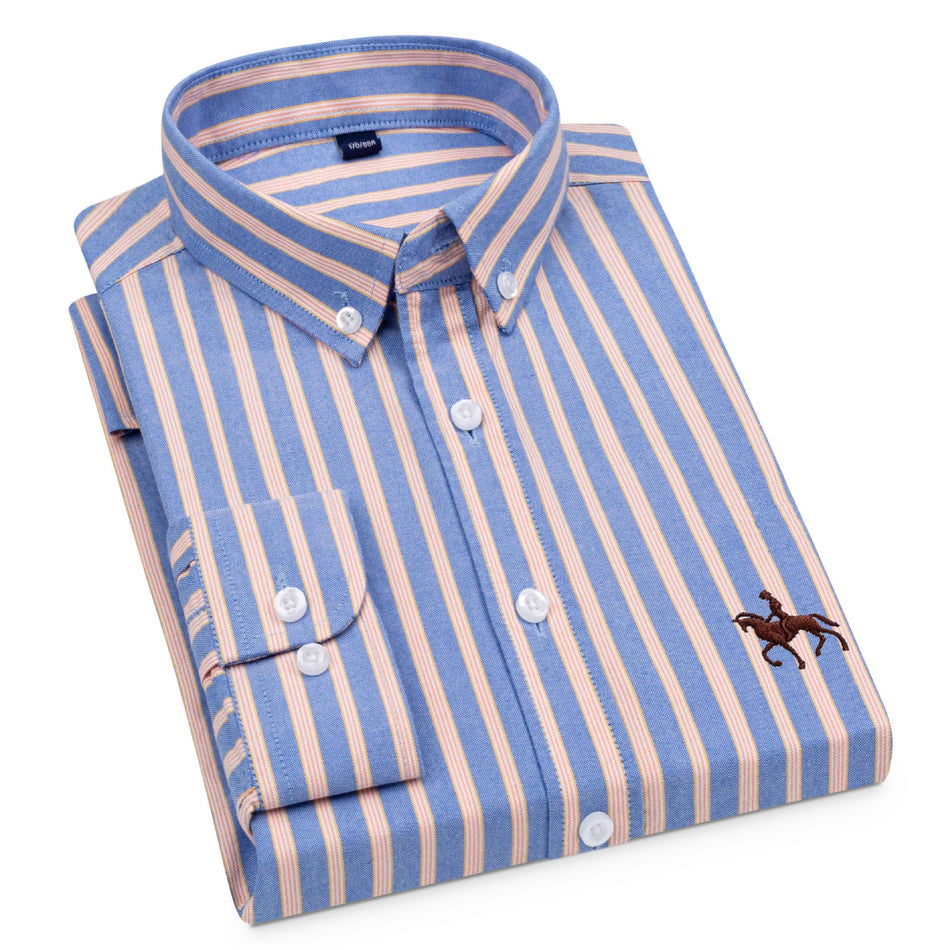 Pure Cotton Striped Oxford Long Sleeve Shirt Men Casual Business Top
