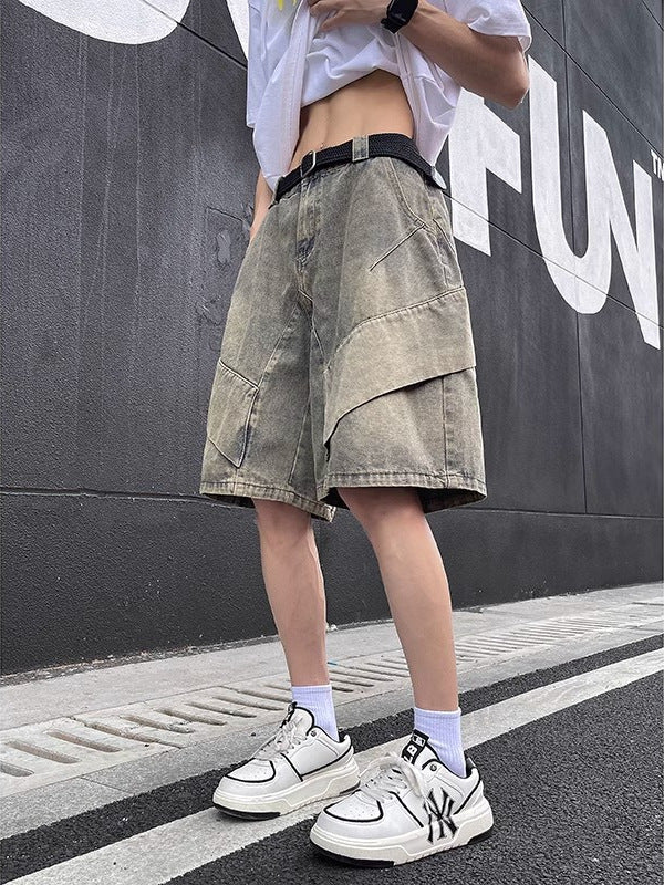 Yellow Washed Distressed Denim Men’s Loose Fit Shorts