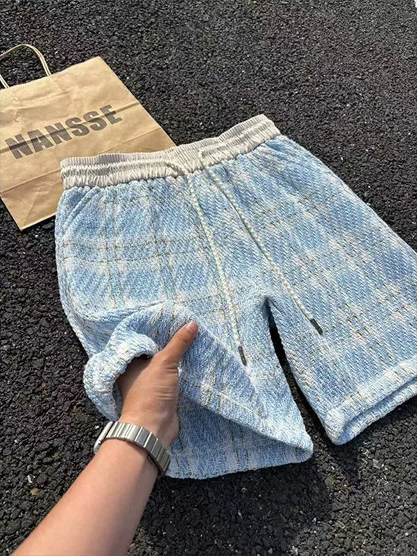 Blue White Knitted Plaid Men’s Five-Point Sports Shorts