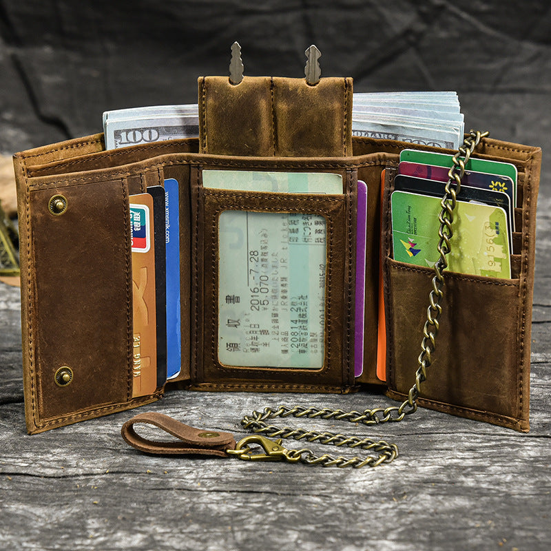 Vintage Genuine Leather Tri-Fold Wallet with Coin Purse