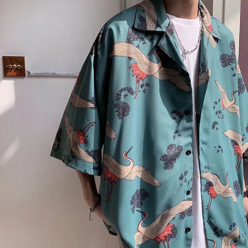 Unisex Crane Print Loose Fit Short Sleeve Beach Shirt
