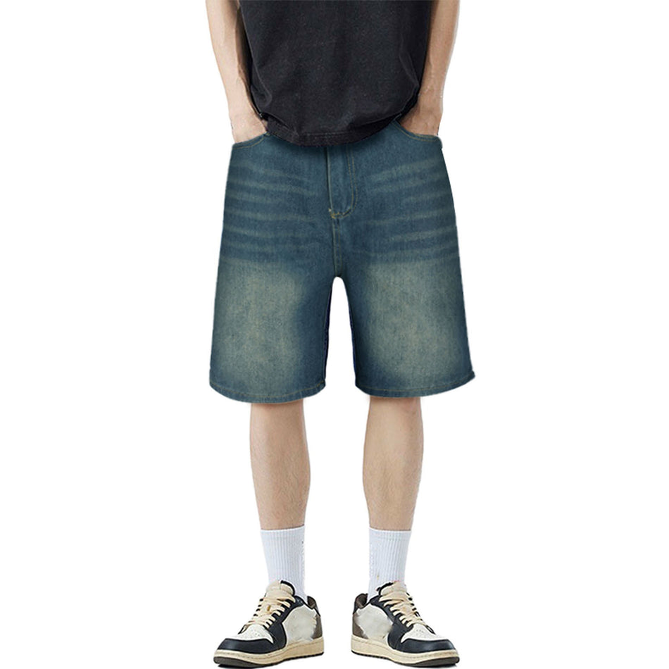 Summer Light Blue Loose Fit Denim Shorts for Men, Mid-Length