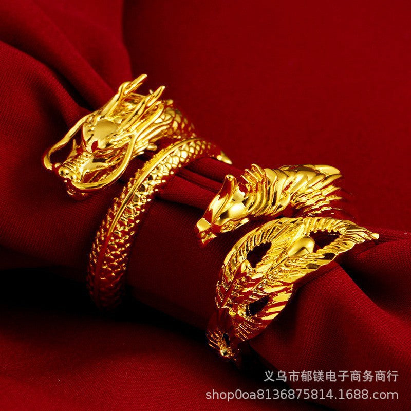 Dragon & Phoenix Adjustable Couple Rings, Gold-Tone Statement Band Set