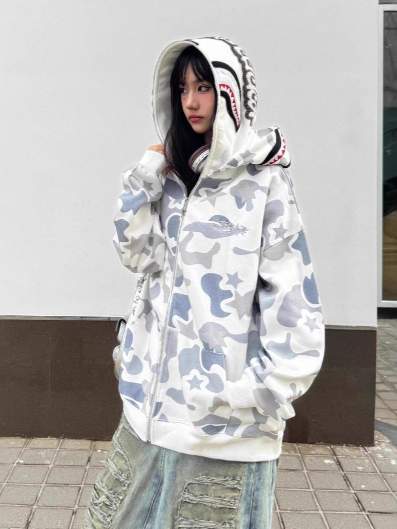 Unisex Camouflage Double Hood Zip-Up Shark Hoodie