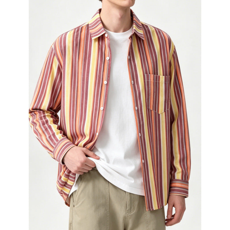 Unisex Retro Striped Long Sleeve Shirt Jacket, Casual Outerwear