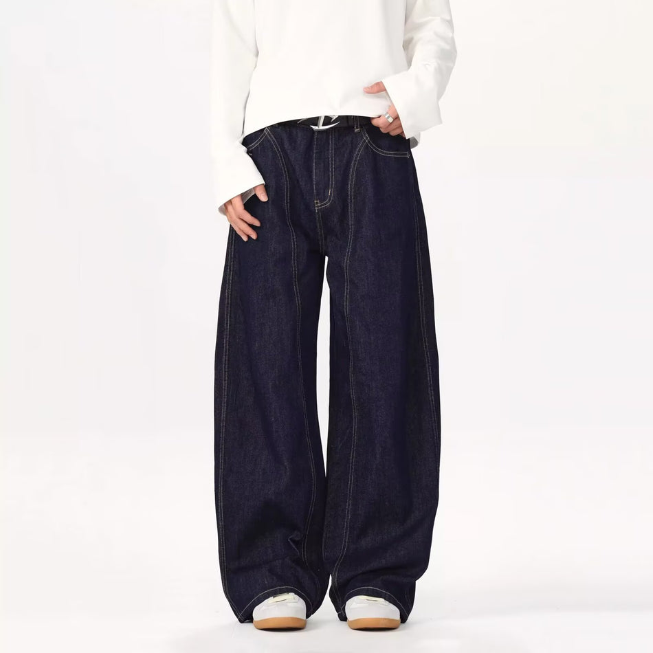 Unisex American Retro Baggy Jeans, Wide-Leg Washed Denim
