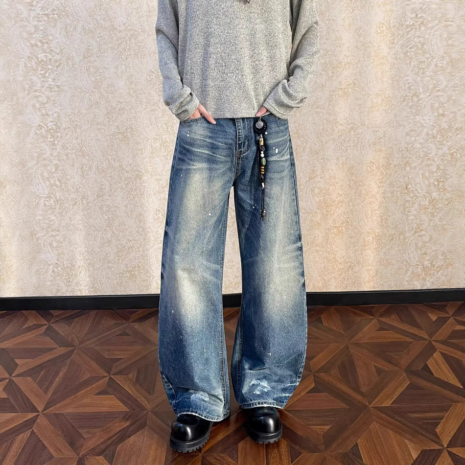 Unisex American Retro Washed Distressed Jeans, Loose Straight