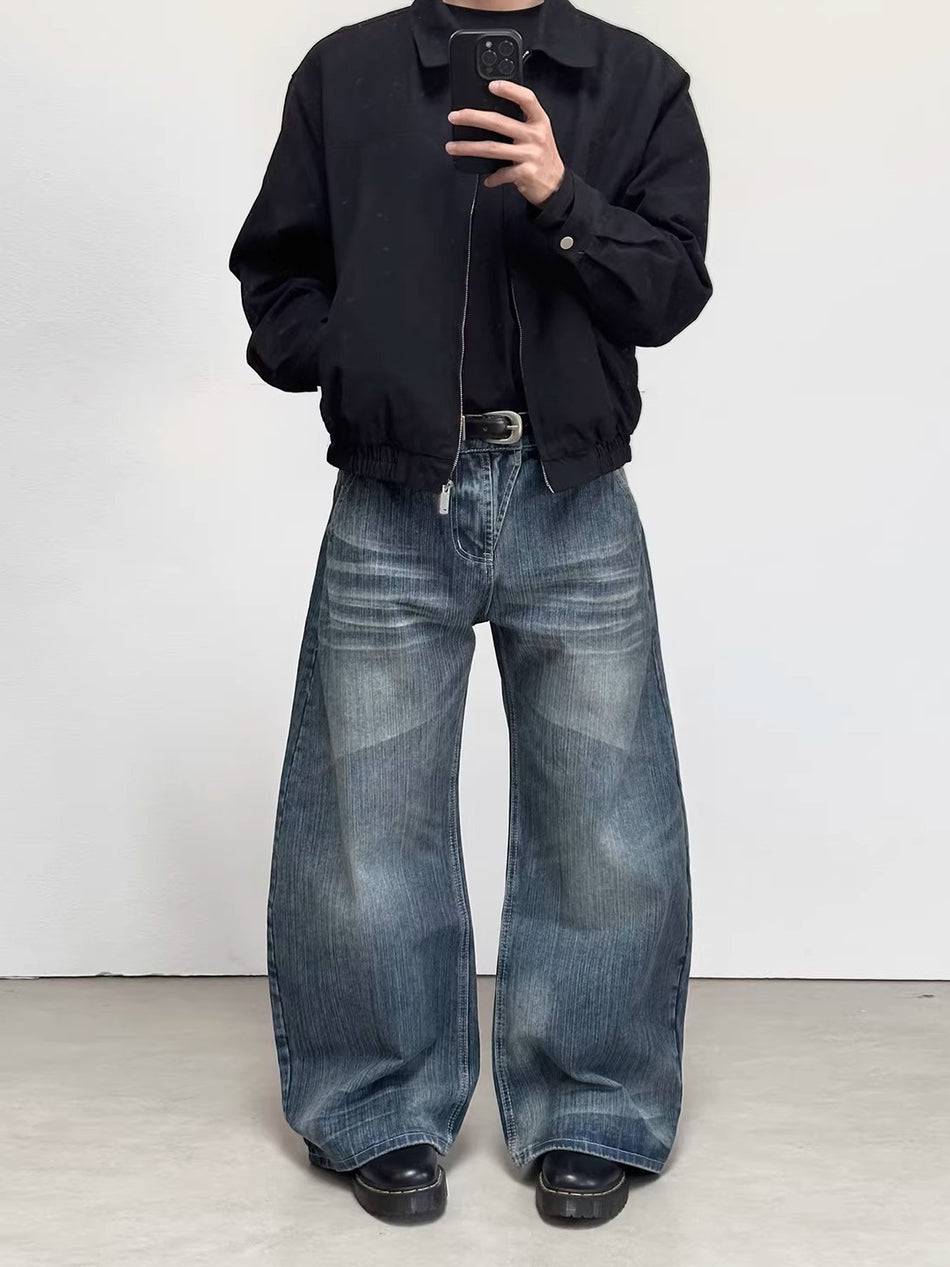 Unisex Bamboo Pattern Washed Wide-Leg Jeans, American Retro