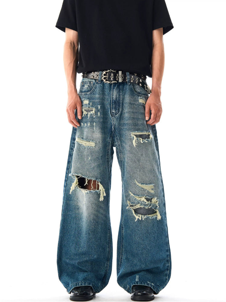 Unisex American Retro Distressed Jeans, Wide-Leg Floor-Length