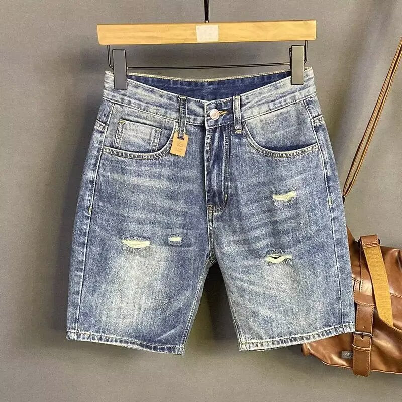 QT Men's American Retro Distressed Denim Shorts, Loose Ripped