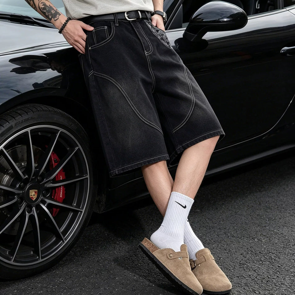 Unisex Retro Stitching Denim Shorts, Wide-Leg American Style