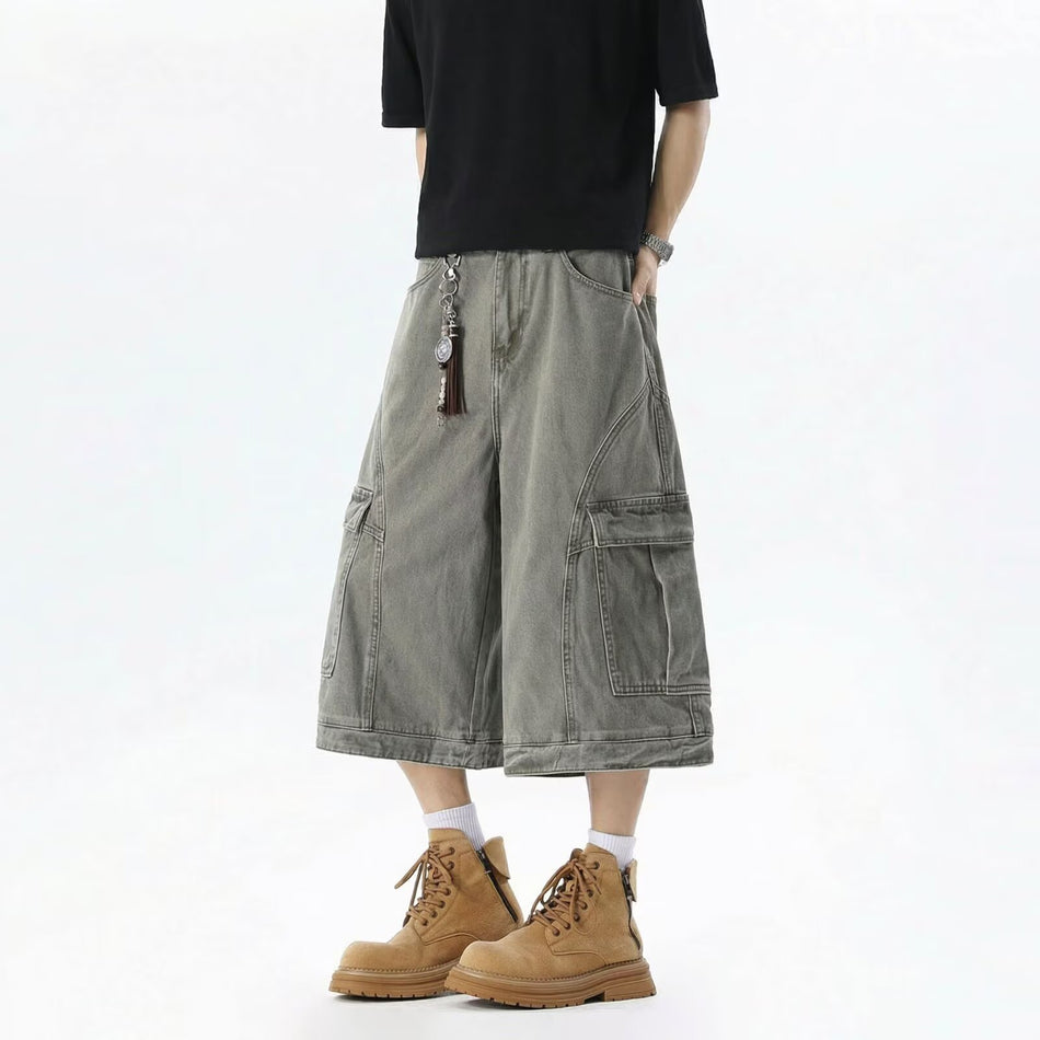 Unisex American Retro Multi-Pocket Cargo Shorts, Wide-Leg