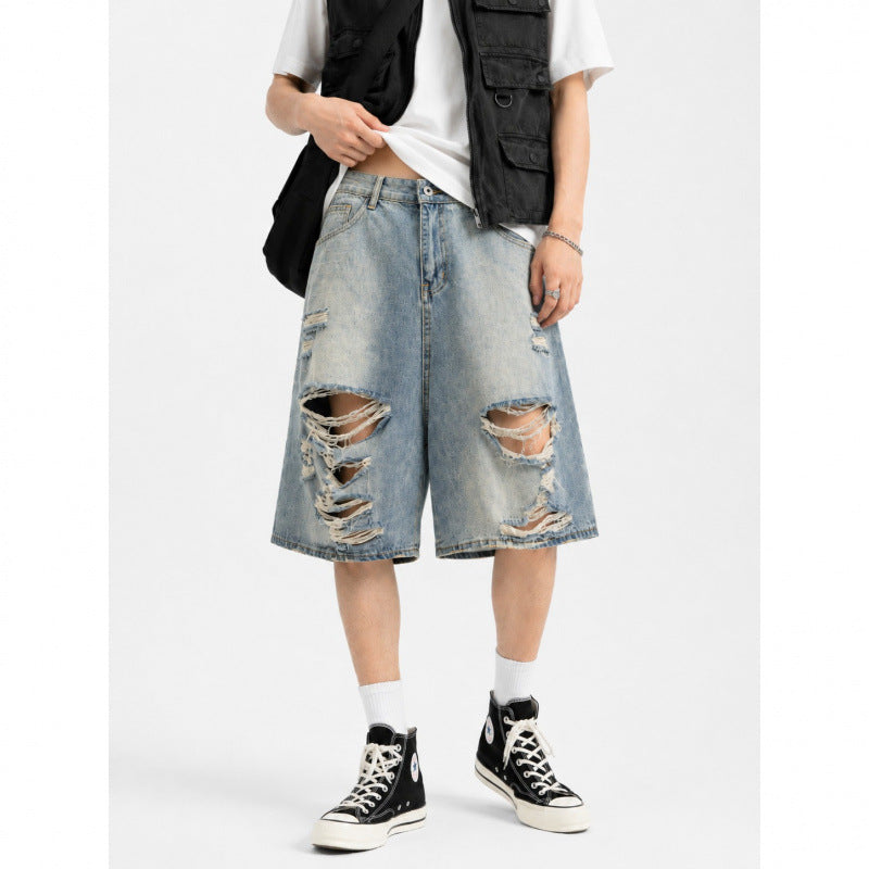 Unisex American Washed Vintage Denim Shorts, Loose Casual