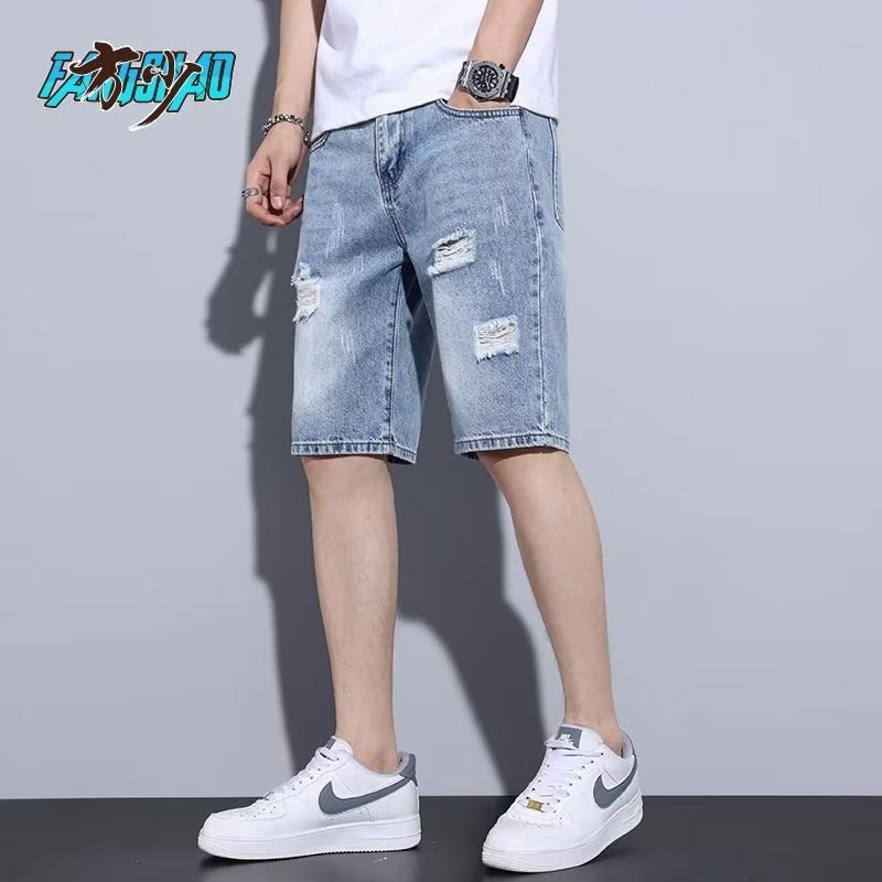 Tao Shang Pai Men's Slim Ripped Denim Shorts, Korean Style
